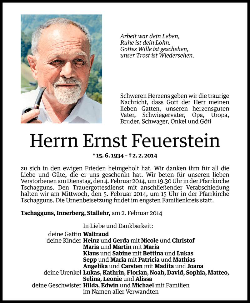  Todesanzeige für Ernst Feuerstein vom 03.02.2014 aus Vorarlberger Nachrichten