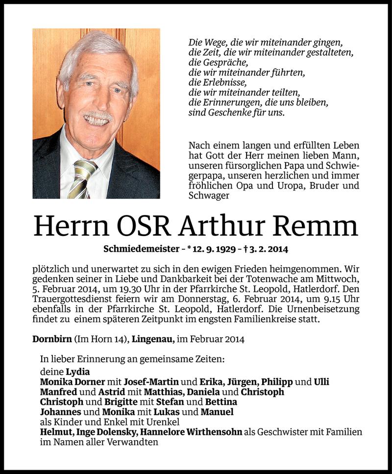  Todesanzeige für Arthur Remm vom 03.02.2014 aus Vorarlberger Nachrichten