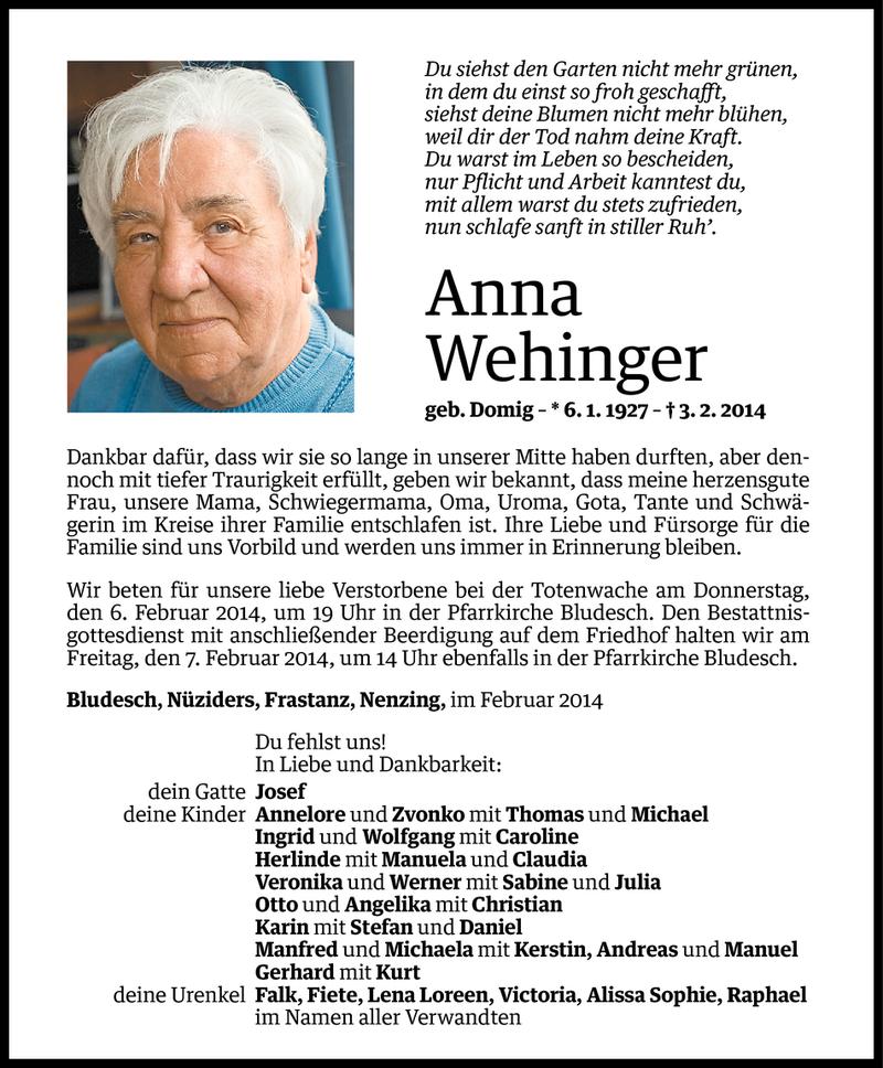  Todesanzeige für Anna Wehinger vom 04.02.2014 aus Vorarlberger Nachrichten