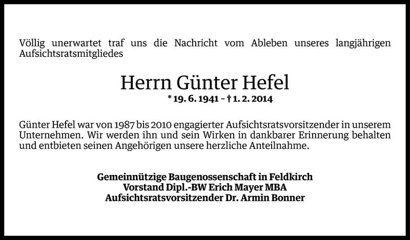  Todesanzeige für Günter Hefel vom 04.02.2014 aus Vorarlberger Nachrichten