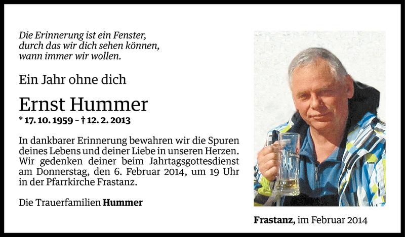  Todesanzeige für Ernst Hummer vom 04.02.2014 aus Vorarlberger Nachrichten