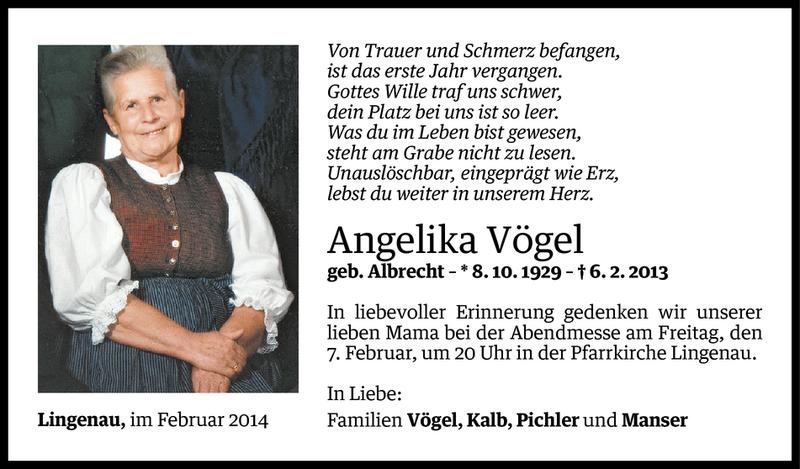  Todesanzeige für Angelika Vögel vom 05.02.2014 aus Vorarlberger Nachrichten