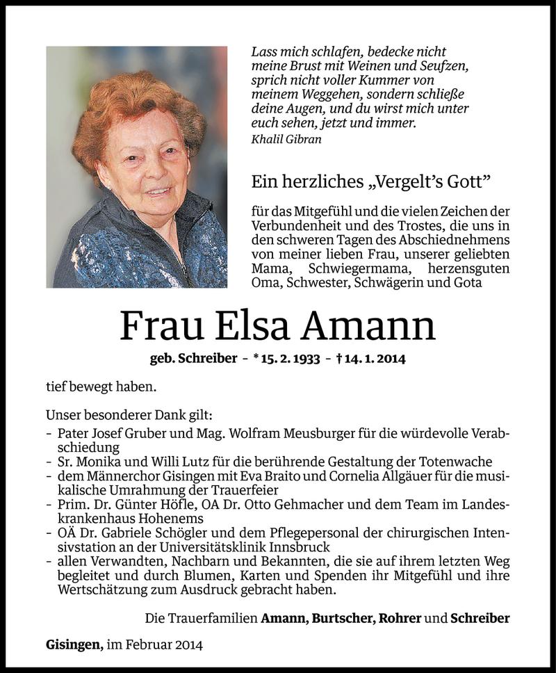  Todesanzeige für Elsa Amann vom 08.02.2014 aus Vorarlberger Nachrichten