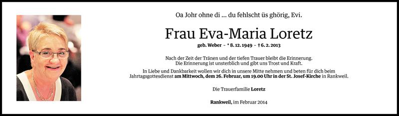  Todesanzeige für Eva-Maria Loretz vom 06.02.2014 aus Vorarlberger Nachrichten