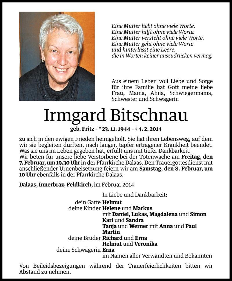  Todesanzeige für Irmgard Bitschnau vom 06.02.2014 aus Vorarlberger Nachrichten