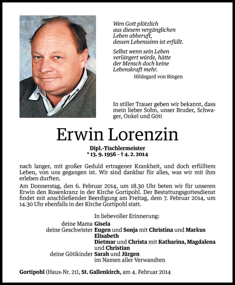  Todesanzeige für Erwin Lorenzin vom 05.02.2014 aus Vorarlberger Nachrichten