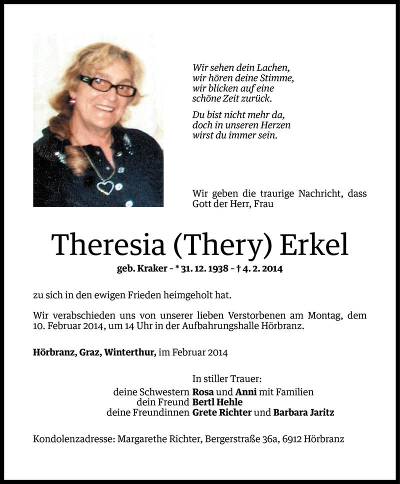  Todesanzeige für Theresia Erkel vom 06.02.2014 aus Vorarlberger Nachrichten