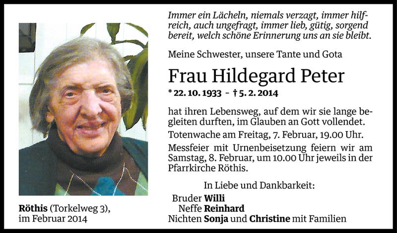  Todesanzeige für Hildegard Peter vom 07.02.2014 aus Vorarlberger Nachrichten