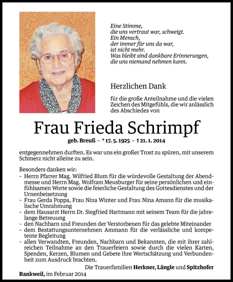  Todesanzeige für Frieda Schrimpf vom 07.02.2014 aus Vorarlberger Nachrichten