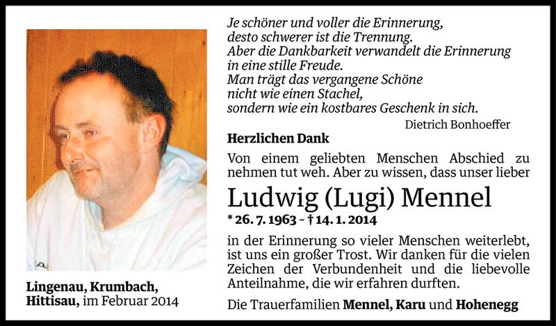  Todesanzeige für Ludwig Mennel vom 06.02.2014 aus Vorarlberger Nachrichten