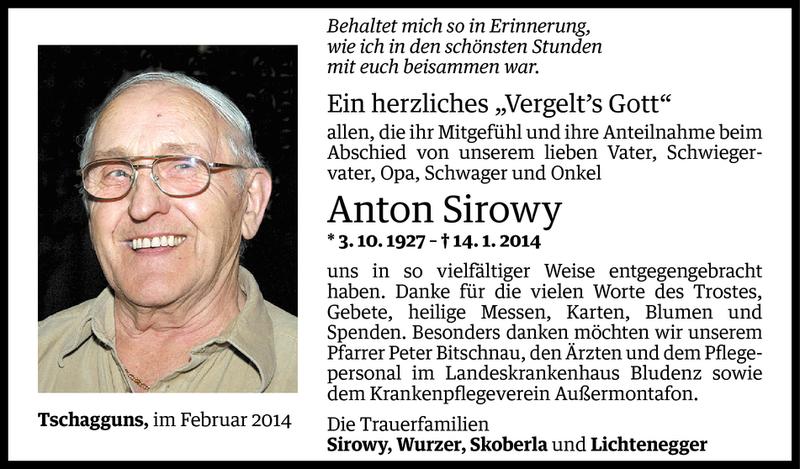  Todesanzeige für Anton Sirowy vom 06.02.2014 aus Vorarlberger Nachrichten
