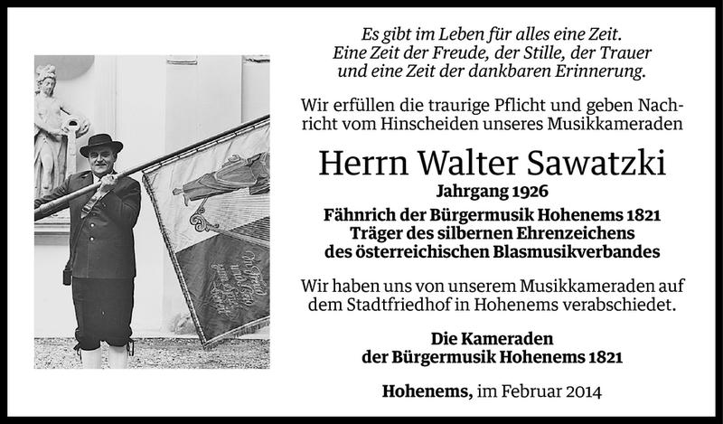  Todesanzeige für Walter Sawatzki vom 07.02.2014 aus Vorarlberger Nachrichten