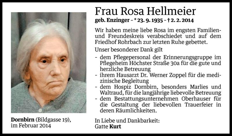  Todesanzeige für Rosa Hellmeier vom 12.02.2014 aus Vorarlberger Nachrichten