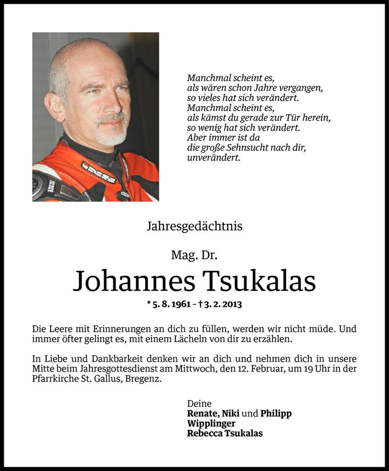  Todesanzeige für Johannes Tsukalas vom 07.02.2014 aus Vorarlberger Nachrichten