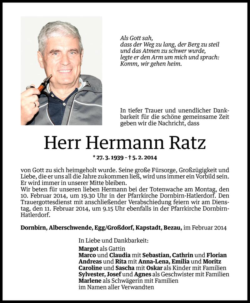  Todesanzeige für Hermann Ratz vom 07.02.2014 aus Vorarlberger Nachrichten