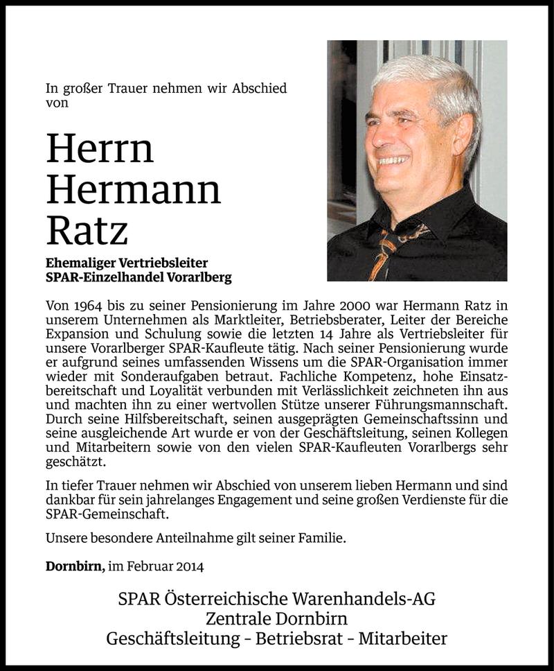  Todesanzeige für Hermann Ratz vom 07.02.2014 aus Vorarlberger Nachrichten