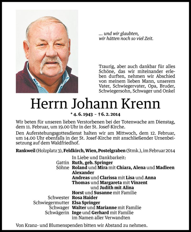  Todesanzeige für Johann Krenn vom 08.02.2014 aus Vorarlberger Nachrichten