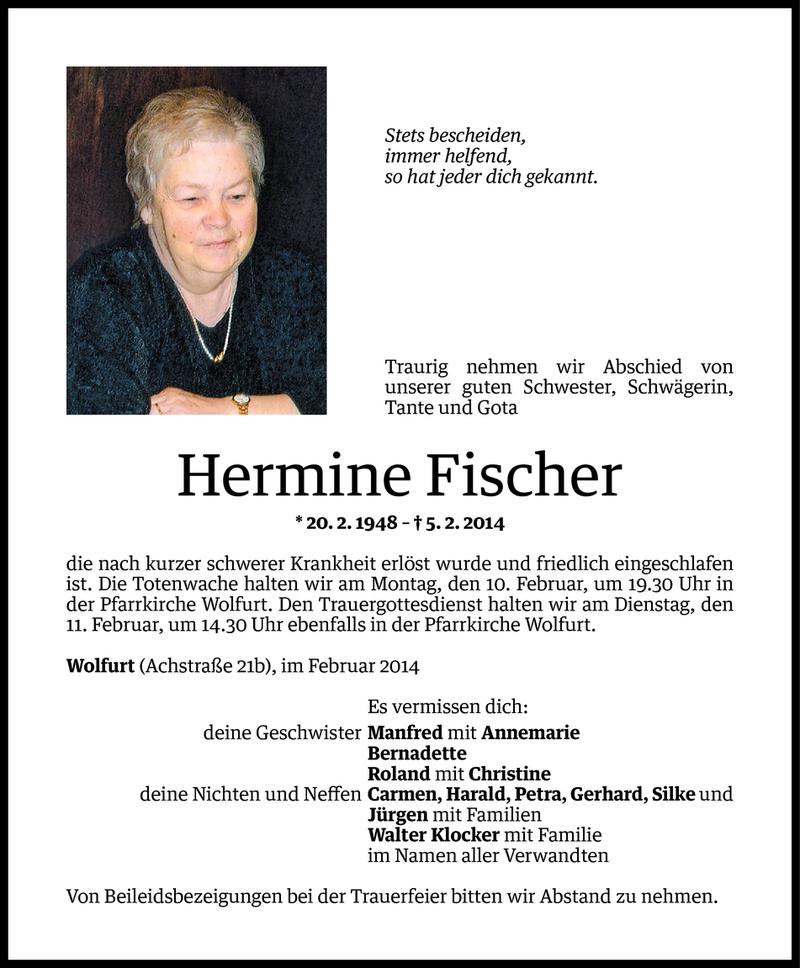  Todesanzeige für Hermine Fischer vom 07.02.2014 aus Vorarlberger Nachrichten