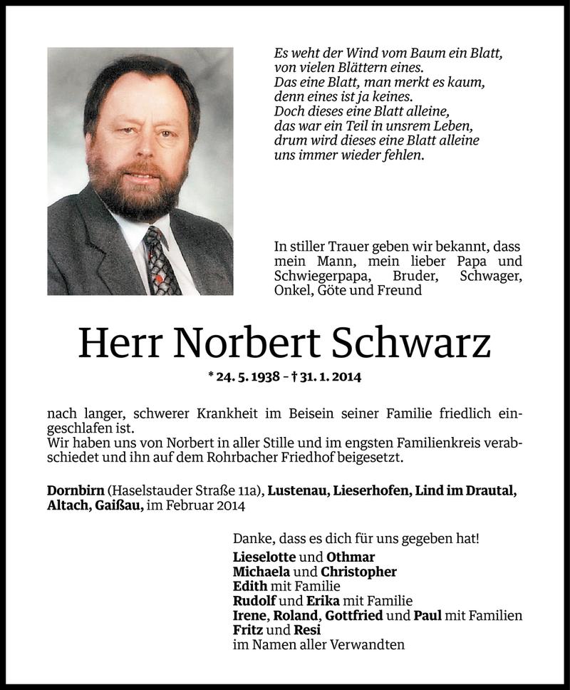  Todesanzeige für Norbert Schwarz vom 10.02.2014 aus Vorarlberger Nachrichten