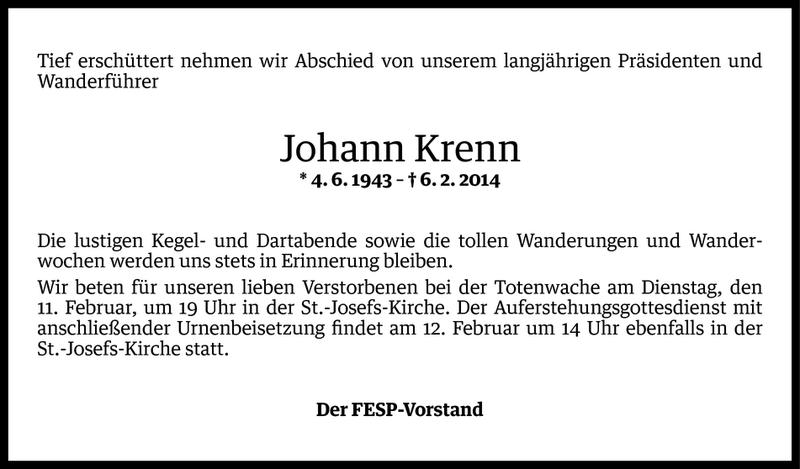  Todesanzeige für Johann Krenn vom 09.02.2014 aus Vorarlberger Nachrichten