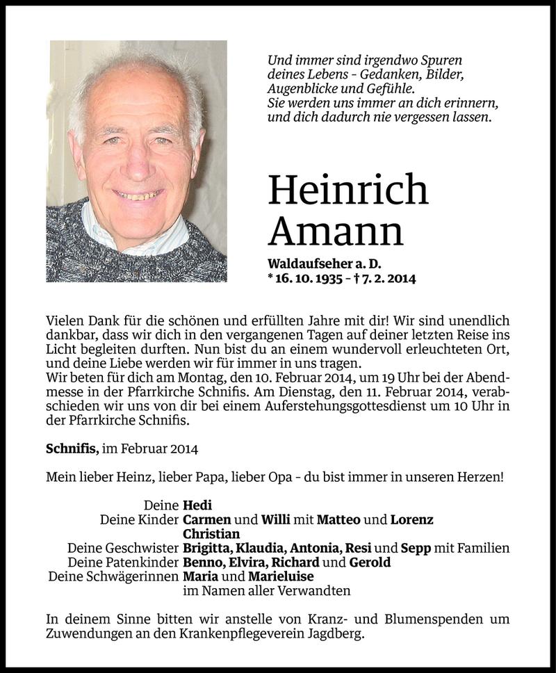  Todesanzeige für Heinrich Amann vom 09.02.2014 aus Vorarlberger Nachrichten