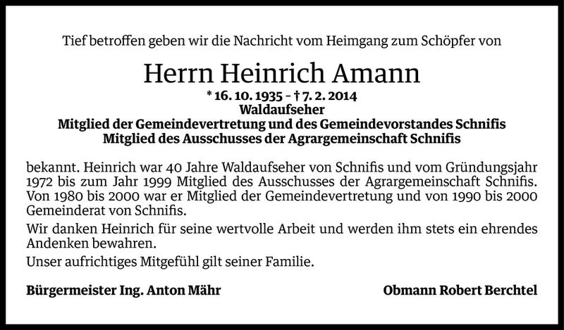  Todesanzeige für Heinrich Amann vom 09.02.2014 aus Vorarlberger Nachrichten