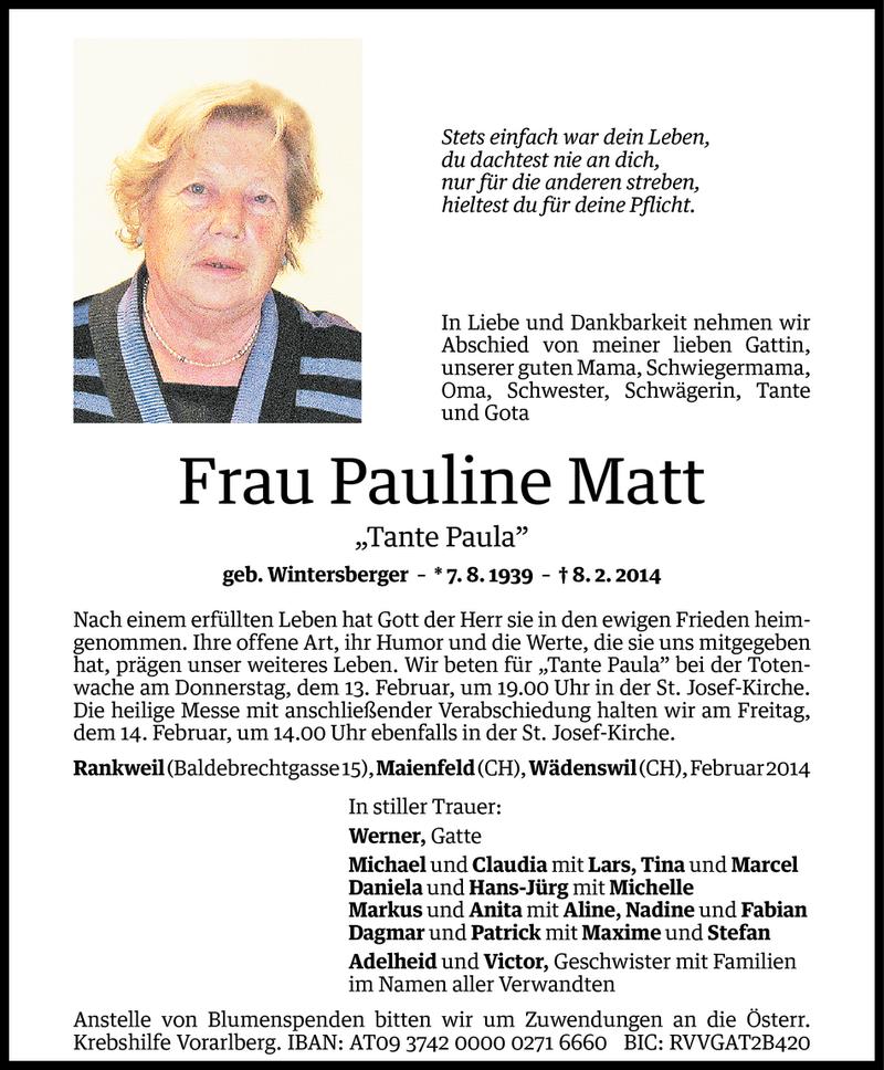  Todesanzeige für Pauline Matt vom 10.02.2014 aus Vorarlberger Nachrichten