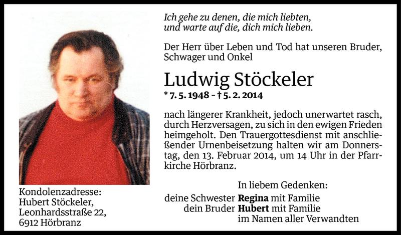  Todesanzeige für Ludwig Stöckeler vom 10.02.2014 aus Vorarlberger Nachrichten