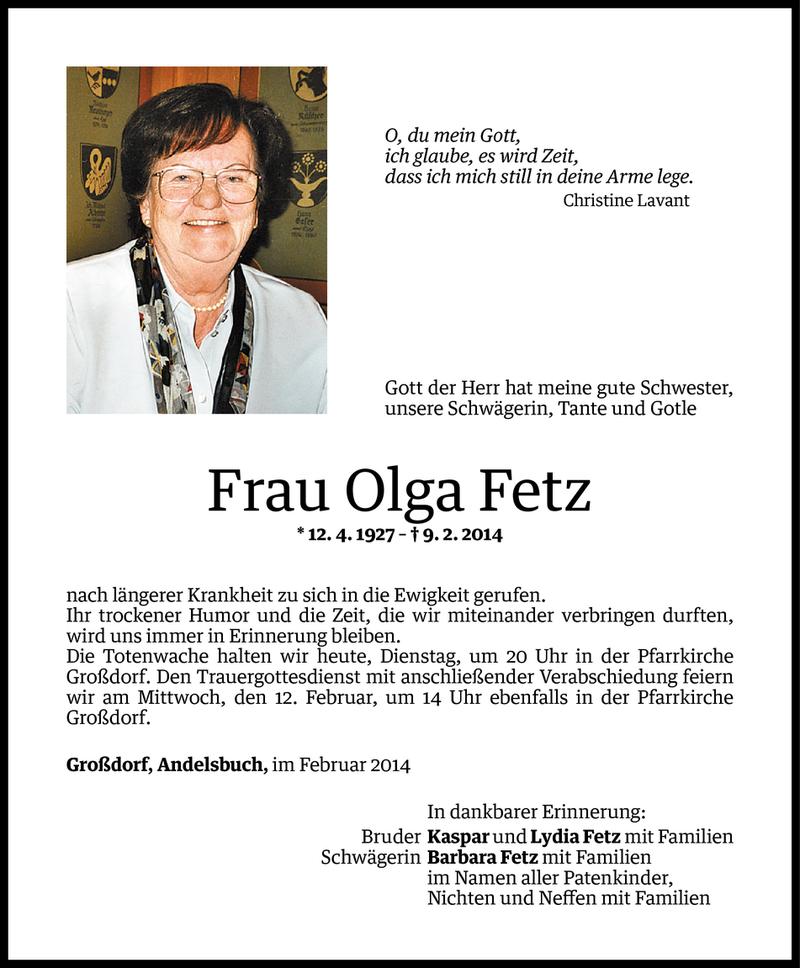  Todesanzeige für Olga Fetz vom 10.02.2014 aus Vorarlberger Nachrichten