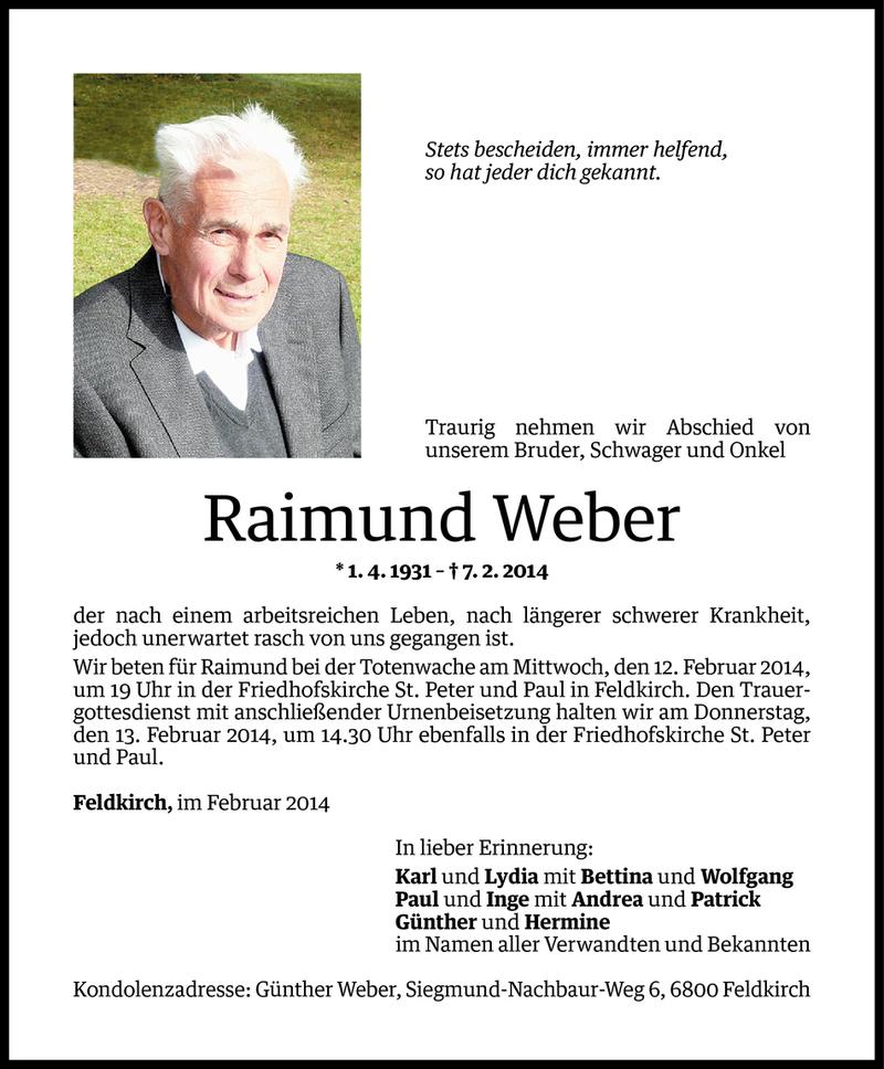  Todesanzeige für Raimund Weber vom 10.02.2014 aus Vorarlberger Nachrichten