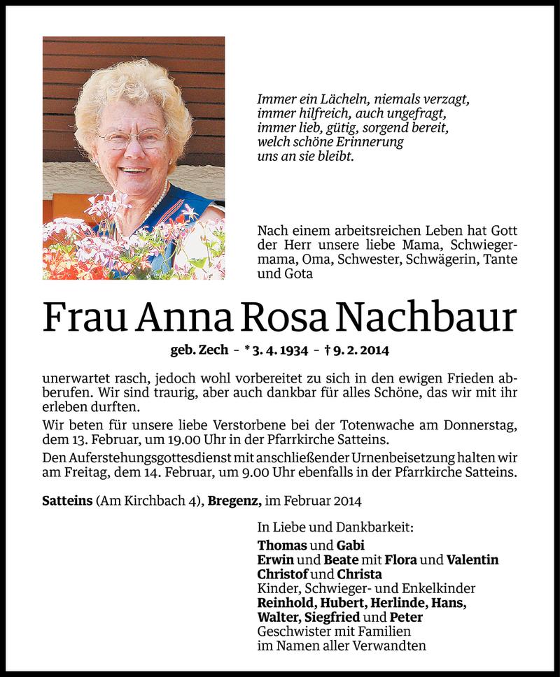  Todesanzeige für Anna Rosa Nachbaur vom 12.02.2014 aus Vorarlberger Nachrichten