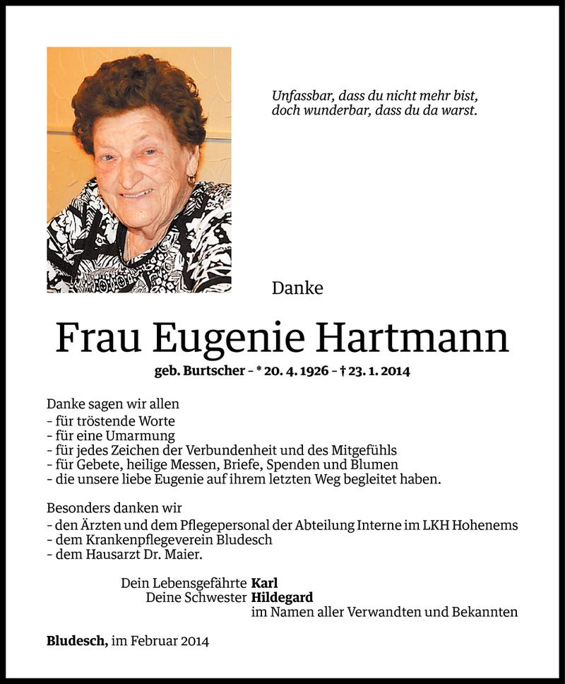  Todesanzeige für Eugenie Hartmann vom 10.02.2014 aus Vorarlberger Nachrichten