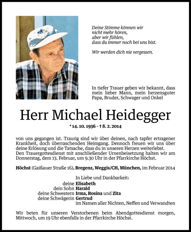  Todesanzeige für Michael Heidegger vom 10.02.2014 aus Vorarlberger Nachrichten