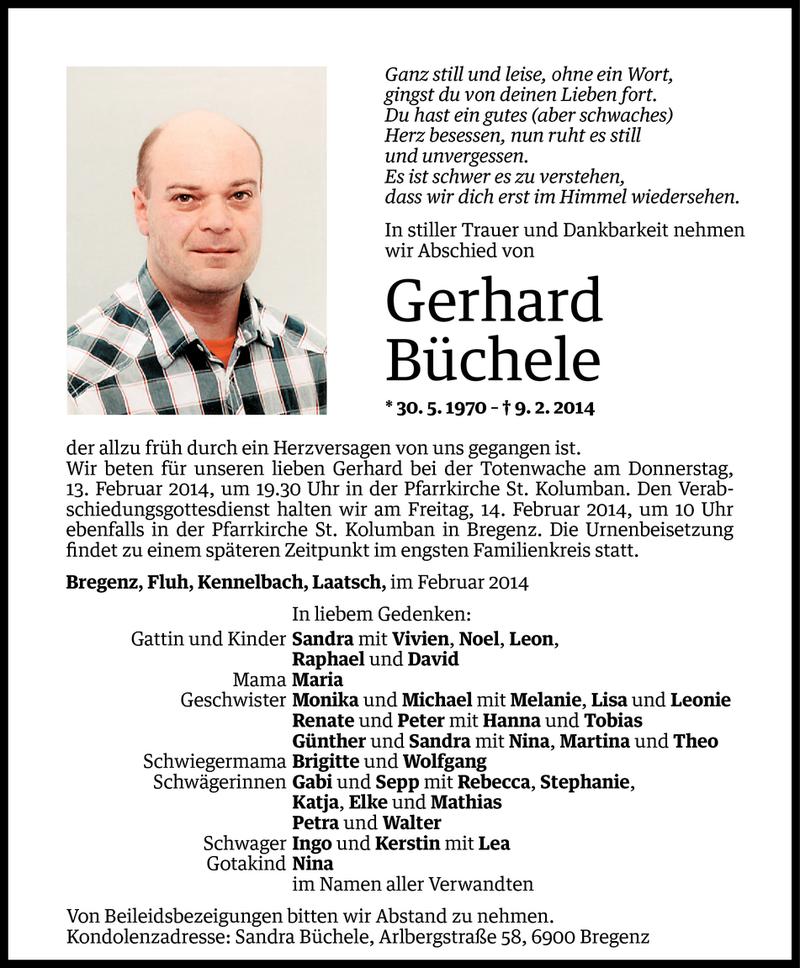  Todesanzeige für Gerhard Büchele vom 11.02.2014 aus Vorarlberger Nachrichten