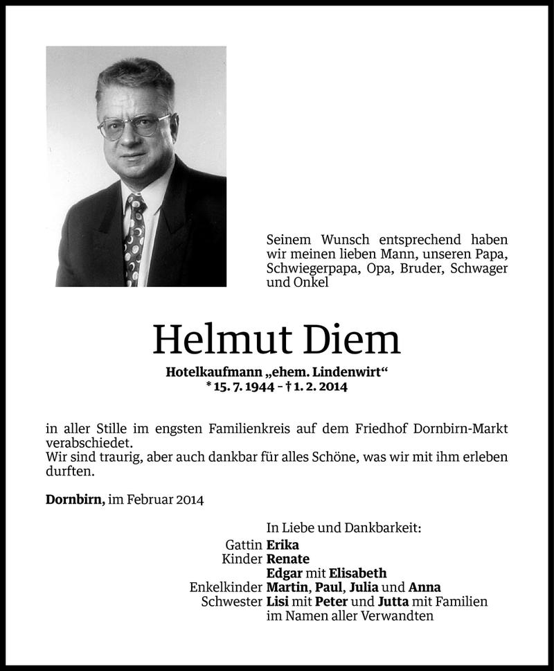  Todesanzeige für Helmut Diem vom 12.02.2014 aus Vorarlberger Nachrichten