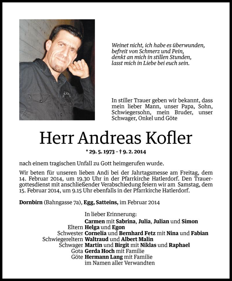  Todesanzeige für Andreas Kofler vom 11.02.2014 aus Vorarlberger Nachrichten