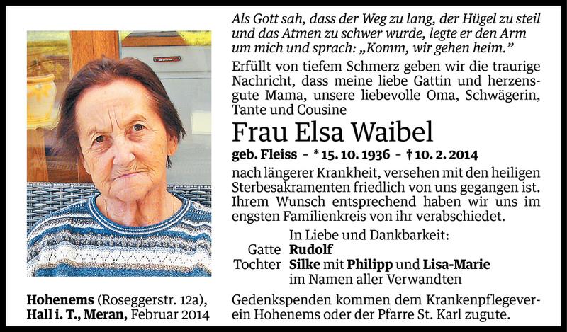  Todesanzeige für Elsa Waibel vom 15.02.2014 aus Vorarlberger Nachrichten