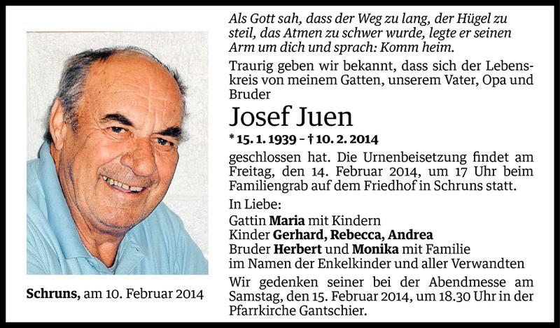  Todesanzeige für Josef Juen vom 12.02.2014 aus Vorarlberger Nachrichten