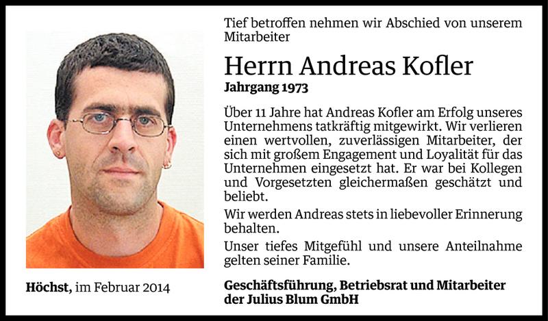  Todesanzeige für Andreas Kofler vom 12.02.2014 aus Vorarlberger Nachrichten