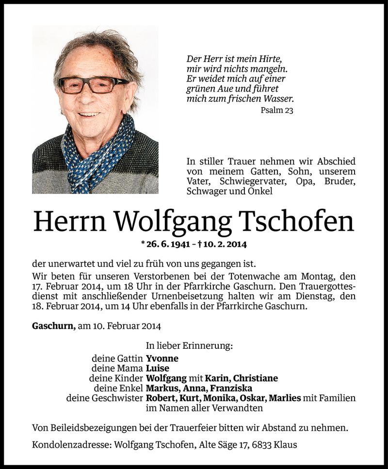  Todesanzeige für Wolfgang Tschofen vom 12.02.2014 aus Vorarlberger Nachrichten