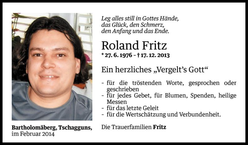  Todesanzeige für Roland Fritz vom 13.02.2014 aus Vorarlberger Nachrichten