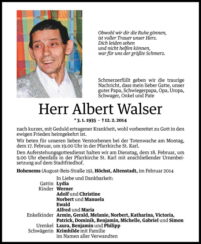  Todesanzeige für Albert Walser vom 15.02.2014 aus Vorarlberger Nachrichten