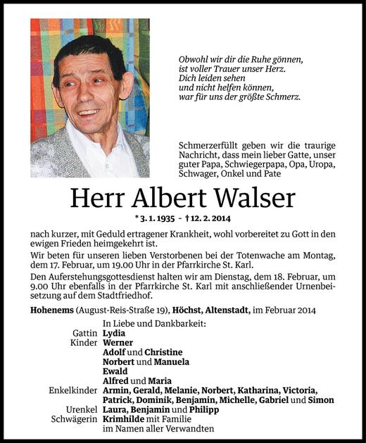 Todesanzeige von Albert Walser von Vorarlberger Nachrichten