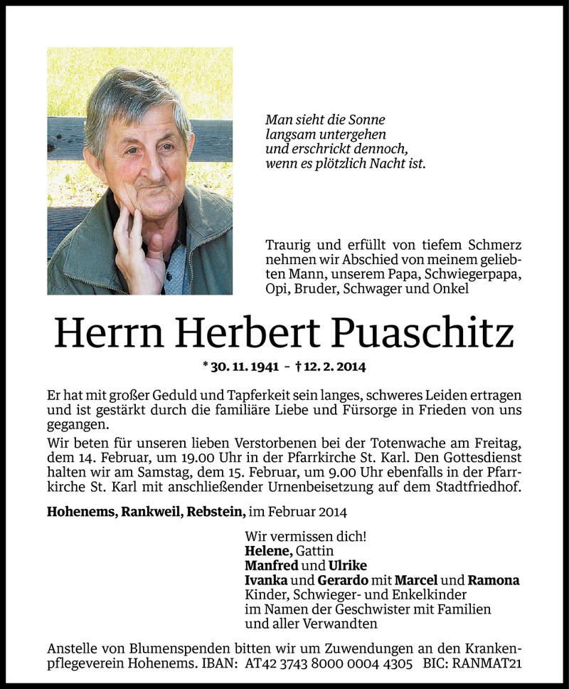  Todesanzeige für Herbert Puaschitz vom 14.02.2014 aus Vorarlberger Nachrichten
