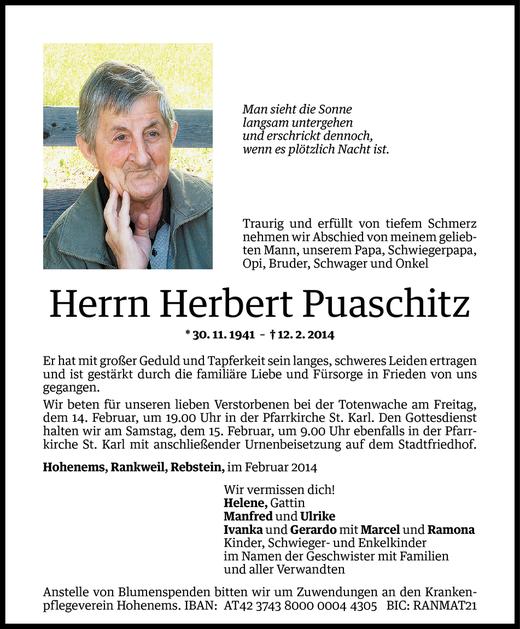 Todesanzeige von Herbert Puaschitz von Vorarlberger Nachrichten