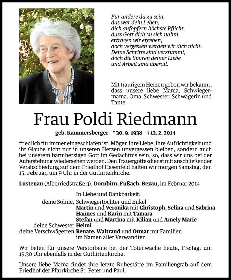  Todesanzeige für Poldi Riedmann vom 13.02.2014 aus Vorarlberger Nachrichten