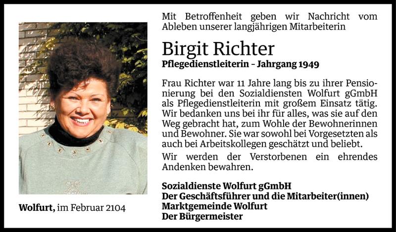  Todesanzeige für Birgit Richter vom 13.02.2014 aus Vorarlberger Nachrichten