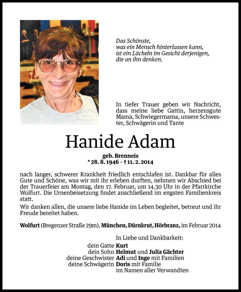  Todesanzeige für Hanide Adam vom 14.02.2014 aus Vorarlberger Nachrichten