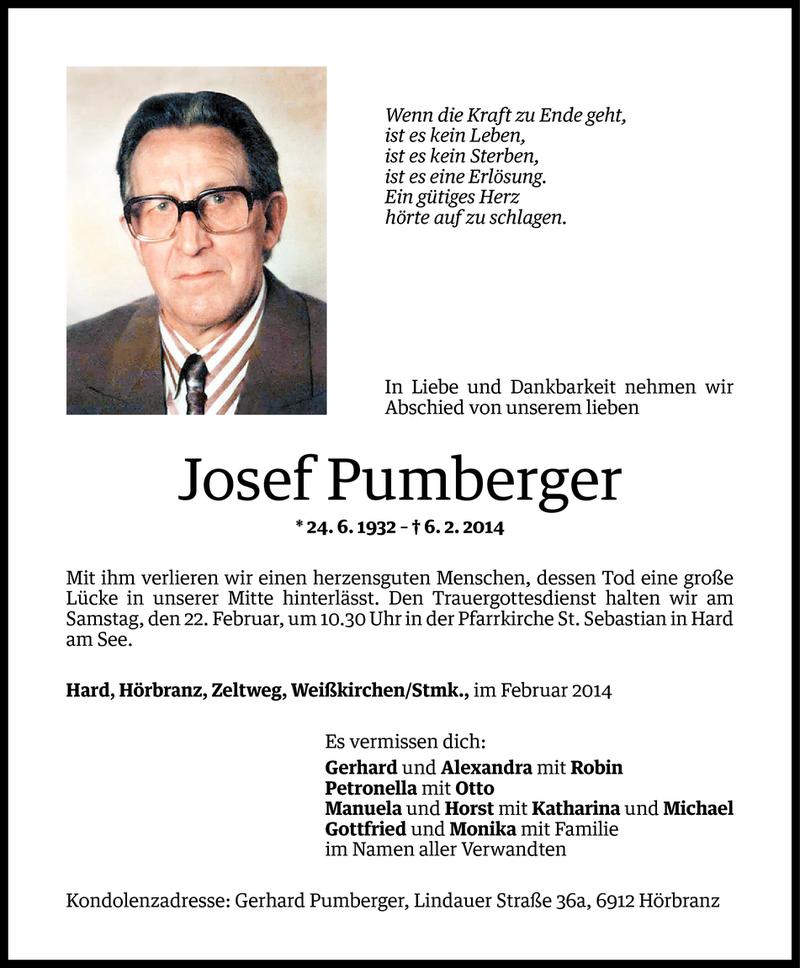  Todesanzeige für Josef Pumberger vom 14.02.2014 aus Vorarlberger Nachrichten