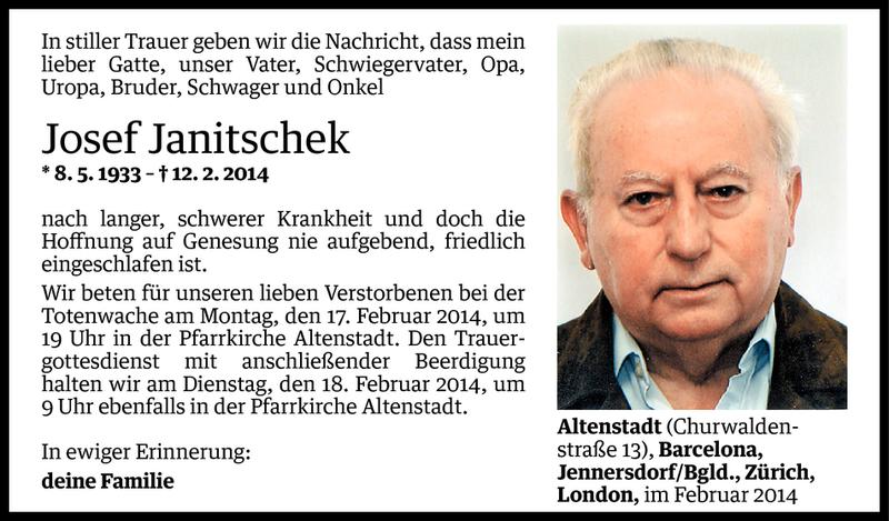  Todesanzeige für Josef Janitschek vom 14.02.2014 aus Vorarlberger Nachrichten